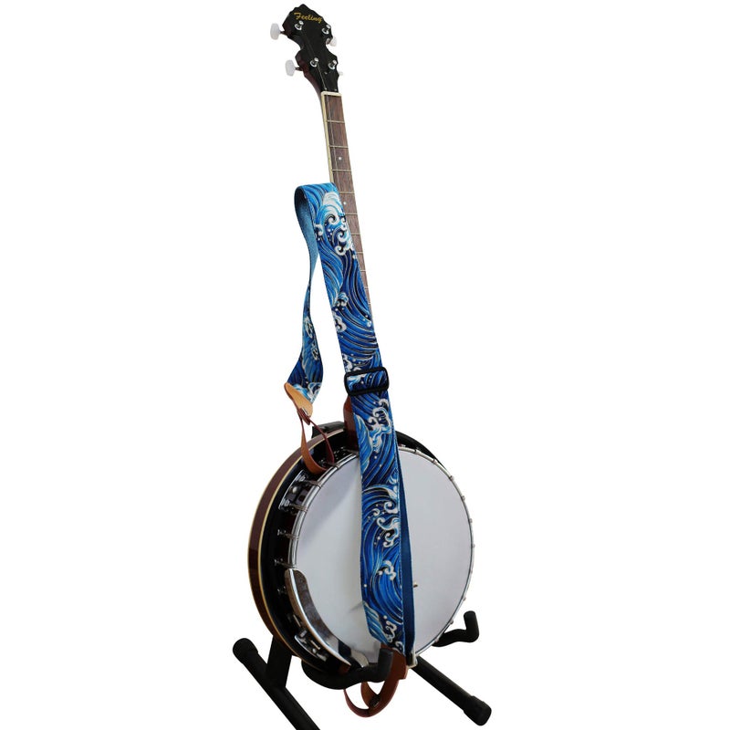 MUSIC FIRST Original Design, 2 inch width (5cm), â€œTsunami Wavesâ€ Soft Muslin & Genuine Leather Delux Banjo Strap, With 2 pieces of MUSIC FIRST Leather Strap Locker. (Tsunami Waves) - Image 2